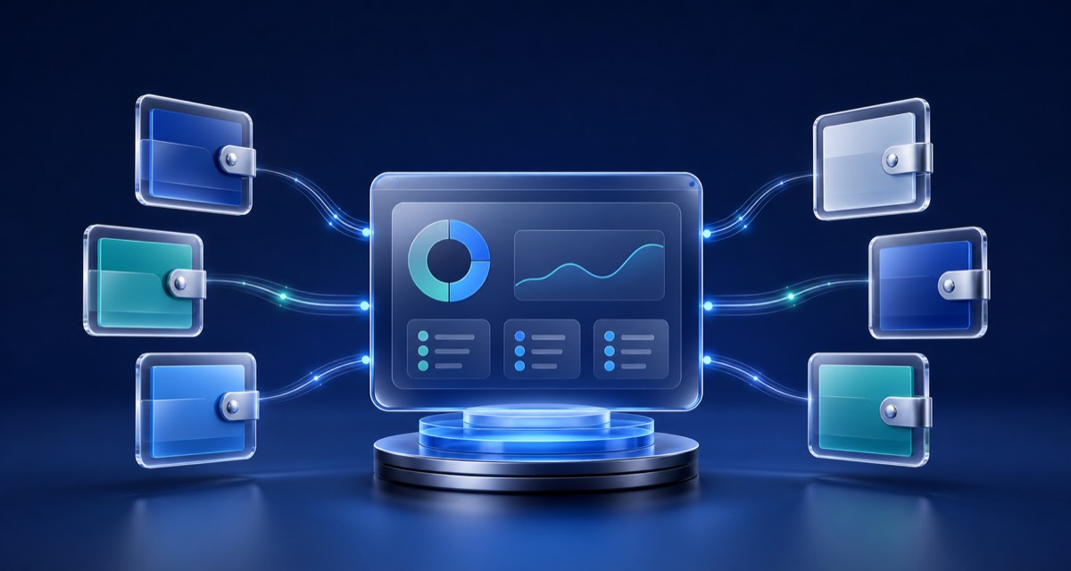 Abstract digital wallets flowing into one secure central dashboard